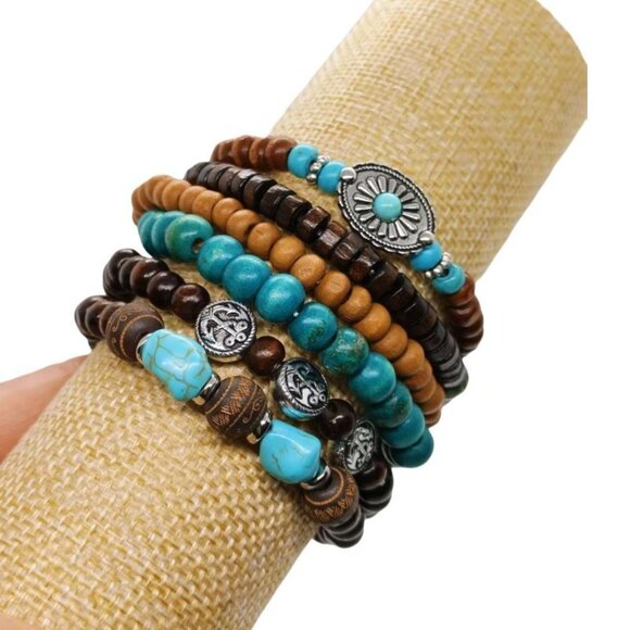 Western Style Blue Turquoise Leather Wrap Silver Tone Bracelet Southwest Boho - Picture 2 of 2